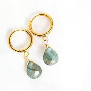 Waterproof Labradorite Drop Earrings Gold Huggies w/ Blue Flash Gemstone Jewelry